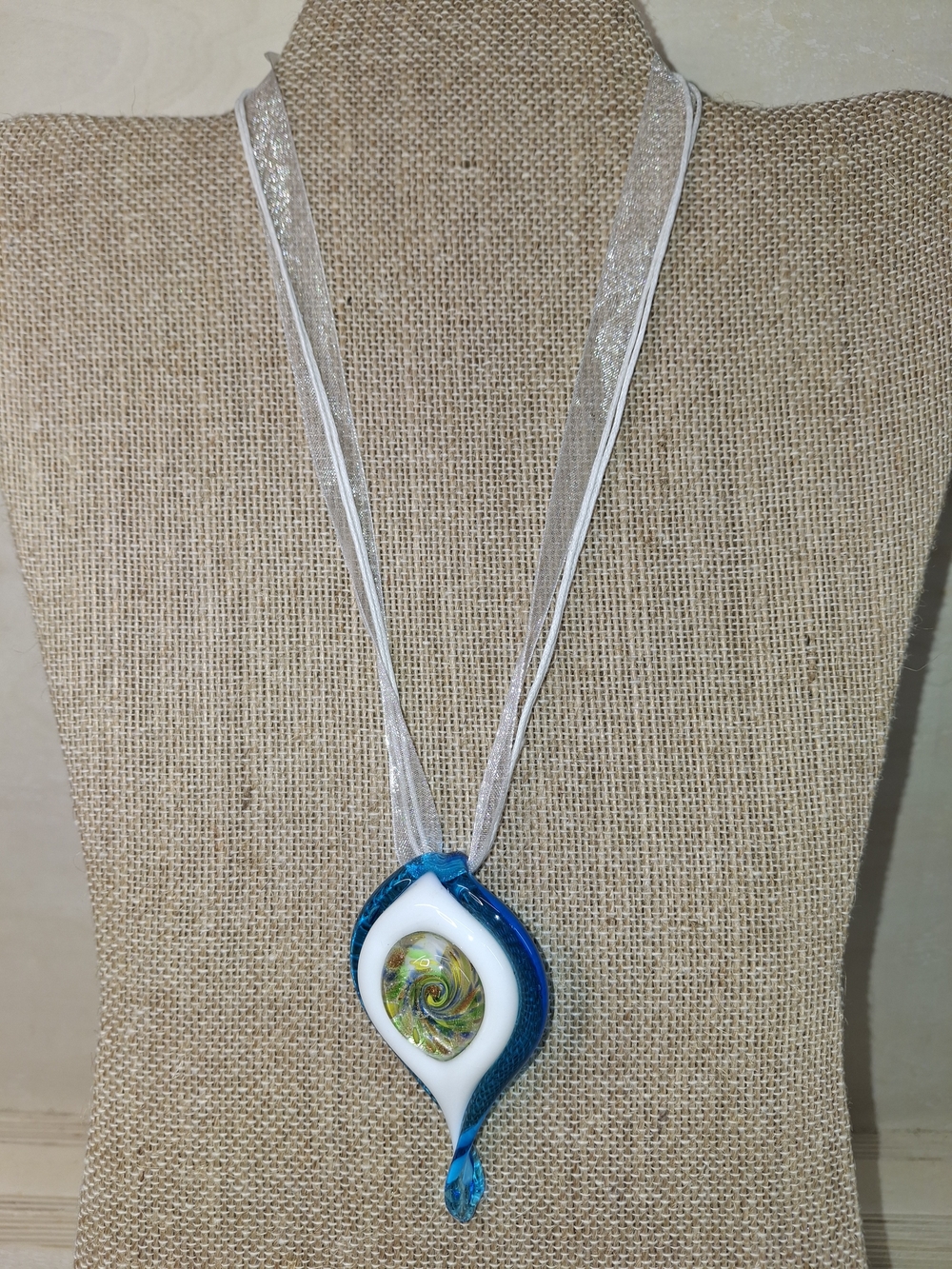 Murano-style Blue & White Art Glass Pendant Necklace
